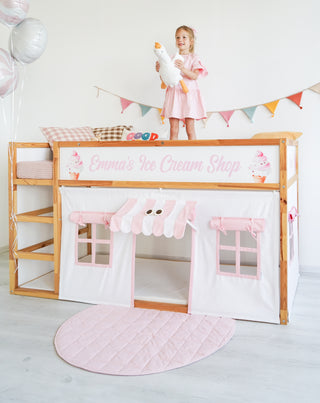 IKEA Kura Hack - Ice Cream Shop Curtains, Pink and White Playhouse with Striped Awning