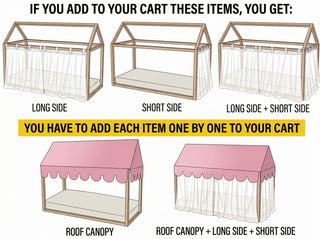 Montessori House Bed Canopy - Pink Scallop Roof with Tulle Curtains
