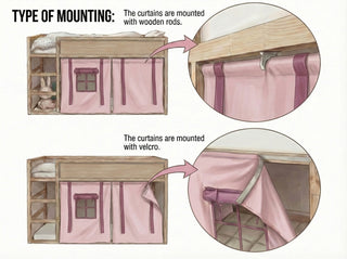 Bunk Bed Curtains for IKEA Kura - Pink Duck Cotton with Roll-Up Panels and Bow Ties