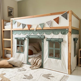 KURA Bunk Bed Curtains with Scallop Trim - Ivory and Eucalyptus Green
