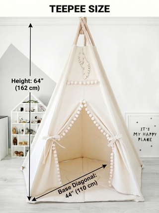 Natural Beige Teepee with Pom Poms | 5-Pole Handmade Cotton Play Tent