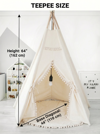 Natural  Kids Teepee Tent with Pom Poms | Large 5-Pole Handmade Cotton Teepee