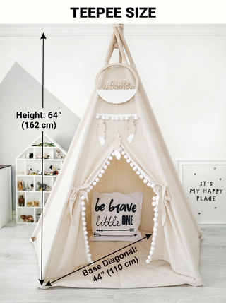 Cream Boho Kids Teepee with Pom Poms | 5-Pole Handmade Natural Cotton Teepee