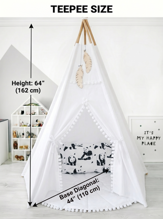 White Kids Teepee with Pom Poms | Large 5-Pole Handmade Cotton Play Tent