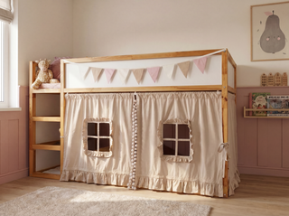 KURA Bunk Bed Curtains with Pompoms and Ruffled Windows - Beige Cotton