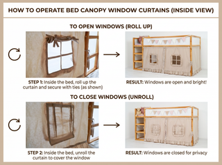 KURA Bunk Bed Curtains with Pompoms and Ruffled Windows - Beige Cotton