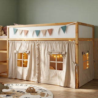 IKEA KURA Bunk Bed Curtains with Pompoms - Beige Cotton, Ready to Hang