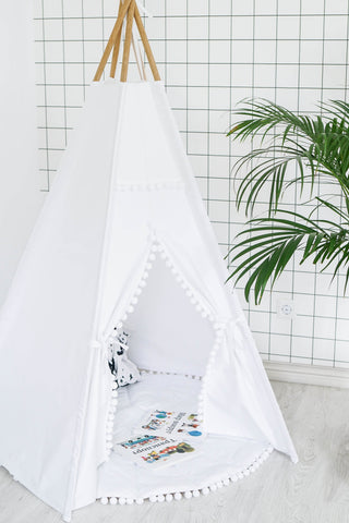 White Kids Teepee with Pom Poms | Large 5-Pole Handmade Cotton Play Tent