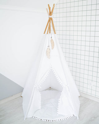 White Kids Teepee with Pom Poms | Large 5-Pole Handmade Cotton Play Tent