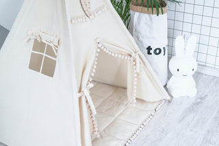 Boho Kids Teepee Tent with Pom Poms | Handmade Natural Canvas Play Tent