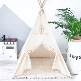 Boho Kids Teepee Tent with Pom Poms | Handmade Natural Canvas Play Tent
