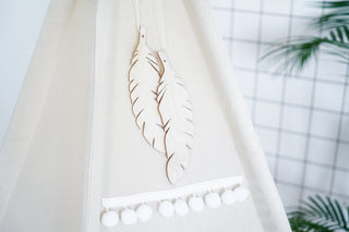 Cream Boho Kids Teepee with Pom Poms | 5-Pole Handmade Natural Cotton Teepee