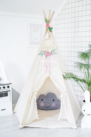 Cream Boho Kids Teepee with Pom Poms | 5-Pole Handmade Natural Cotton Teepee