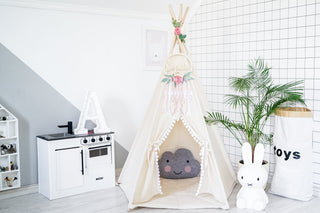 Cream Boho Kids Teepee with Pom Poms | 5-Pole Handmade Natural Cotton Teepee