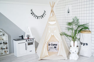 Cream Boho Kids Teepee with Pom Poms | 5-Pole Handmade Natural Cotton Teepee