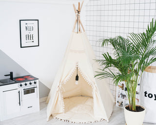 Natural  Kids Teepee Tent with Pom Poms | Large 5-Pole Handmade Cotton Teepee