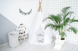 White Kids Teepee with Pom Poms | Large 5-Pole Handmade Cotton Play Tent