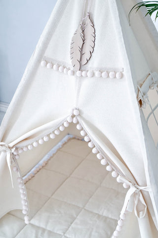 Boho Kids Teepee Tent with Pom Poms | Handmade Natural Canvas Play Tent