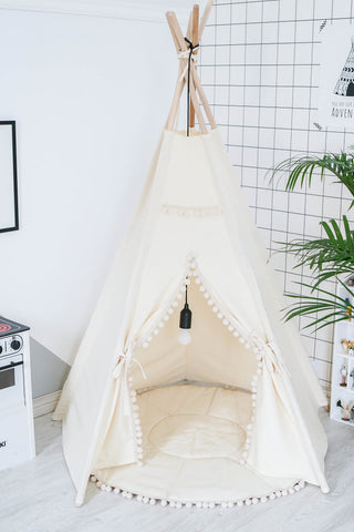 Natural  Kids Teepee Tent with Pom Poms | Large 5-Pole Handmade Cotton Teepee