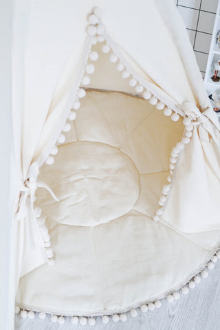Natural  Kids Teepee Tent with Pom Poms | Large 5-Pole Handmade Cotton Teepee