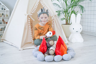 Natural Beige Teepee with Pom Poms | 5-Pole Handmade Cotton Play Tent