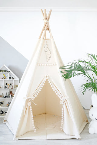 Natural Beige Teepee with Pom Poms | 5-Pole Handmade Cotton Play Tent