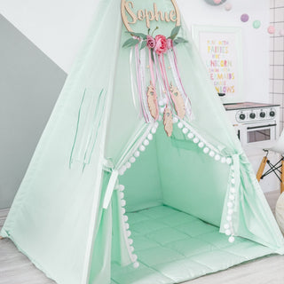 Mint Kids Teepee with Pom Poms | Handmade Cotton Play Tent for Girls