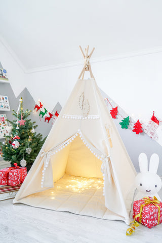 Cream Kids Teepee with Pom Poms | Handmade Natural Cotton Indoor Play Tent