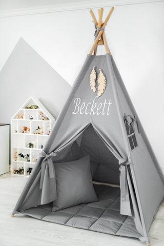 Personalized Grey Kids Teepee Tent | Handmade Cotton Play Tent