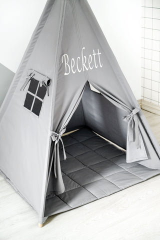 Personalized Grey Kids Teepee Tent | Handmade Cotton Play Tent