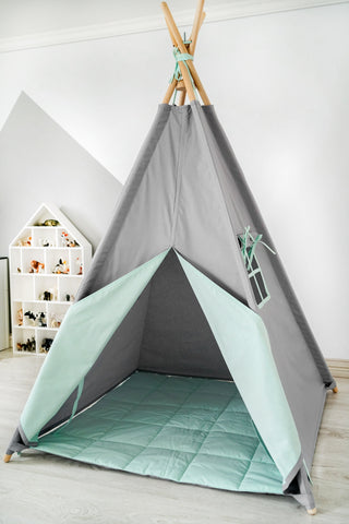 Grey and Mint Kids Teepee Tent | Handmade Cotton Indoor Play Tent