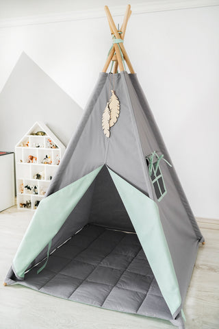 Grey and Mint Kids Teepee Tent | Handmade Cotton Indoor Play Tent