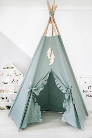 Sage Green Ruffle Teepee Tent | Handmade Cotton Kids Play Tent