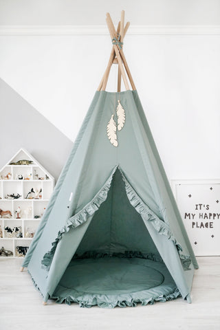 Sage Green Ruffle Teepee Tent | Handmade Cotton Kids Play Tent
