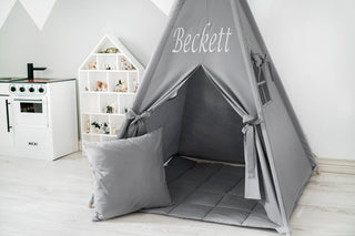 Personalized Grey Kids Teepee Tent | Handmade Cotton Play Tent