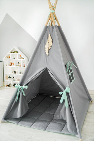 Grey and Mint Kids Teepee Tent | Handmade Cotton Indoor Play Tent