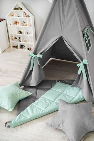 Grey and Mint Kids Teepee Tent | Handmade Cotton Indoor Play Tent