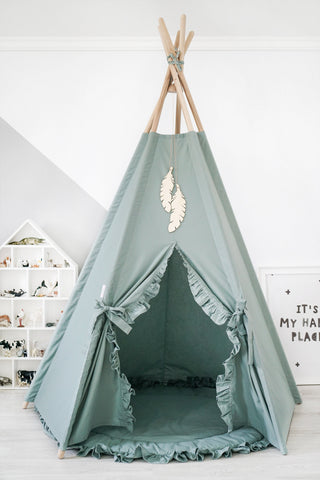 Sage Green Ruffle Teepee Tent | Handmade Cotton Kids Play Tent