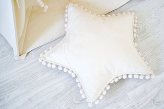 Natural Beige Teepee with Pom Poms | 5-Pole Handmade Cotton Play Tent