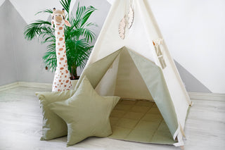 Natural and Olive Kids Teepee Tent | Handmade Cotton Play Tent for Kids