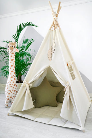 Natural and Olive Kids Teepee Tent | Handmade Cotton Play Tent for Kids