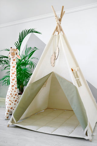 Natural and Olive Kids Teepee Tent | Handmade Cotton Play Tent for Kids
