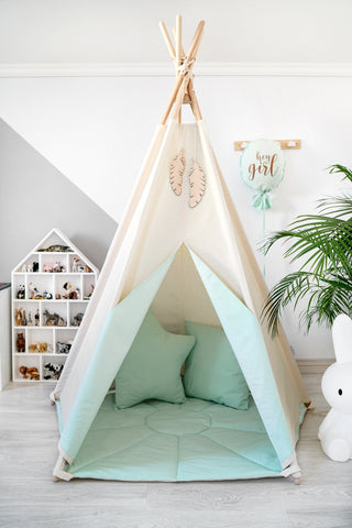 Mint Accent Kids Teepee Tent | Large 5-Pole Handmade Natural Cotton Teepee