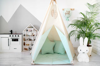 Mint Accent Kids Teepee Tent | Large 5-Pole Handmade Natural Cotton Teepee