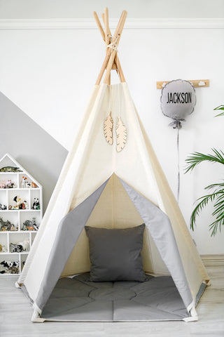 Grey Accent Kids Teepee Tent | 5-Pole Handmade Cotton Teepee for Kids Room