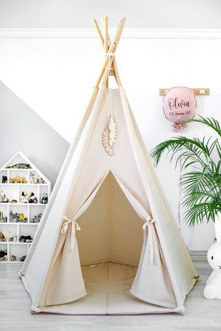 Natural and Pink 5-Pole Girls Teepee Tent | Large Handmade Cotton Teepee