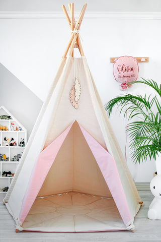 Natural and Pink 5-Pole Girls Teepee Tent | Large Handmade Cotton Teepee