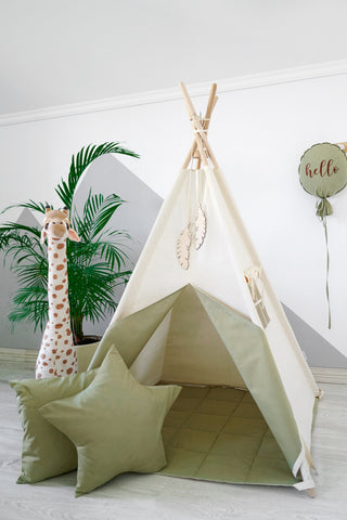 Natural and Olive Kids Teepee Tent | Handmade Cotton Play Tent for Kids