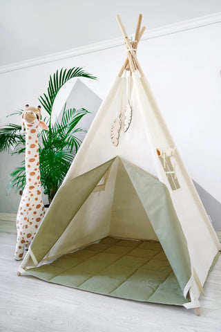 Natural and Olive Kids Teepee Tent | Handmade Cotton Play Tent for Kids