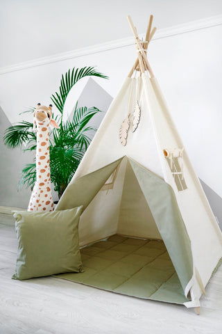 Natural and Olive Kids Teepee Tent | Handmade Cotton Play Tent for Kids